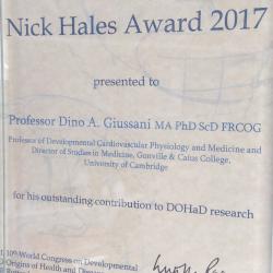  Professor Dino Giussani  awarded the 2017 Nick Hales Award by The International Society for Developmental Origins of Health & Disease (DOHaD). 